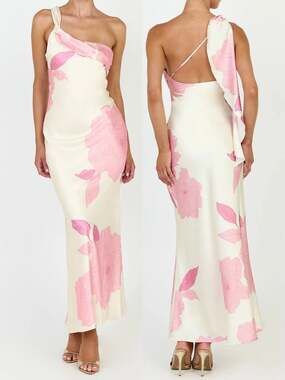 Showpo Butter Pink Floral One Shoulder Draped Midi Maxi Dress Wedding Guest XS